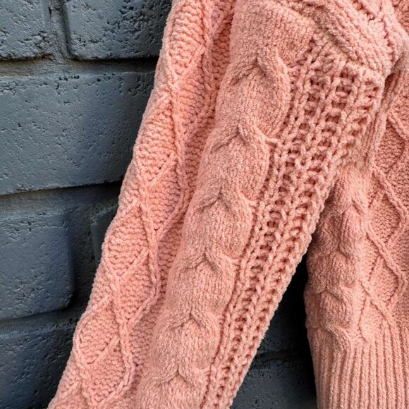 Derek Heart Chunky Chenille Cable Knit Cardigan Sweater Hooded S Coral Button Up - Picture 7 of 15
